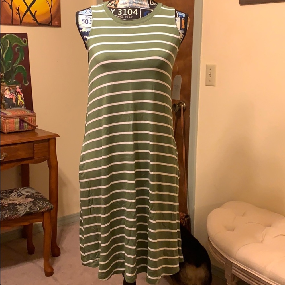 Green and white striped shift dress